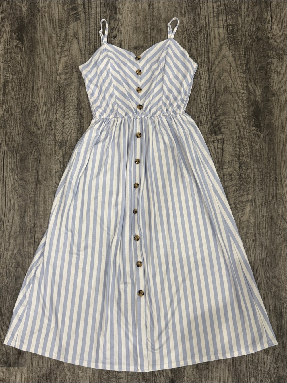 Striped Blue and White Midi Sundress with Button Front